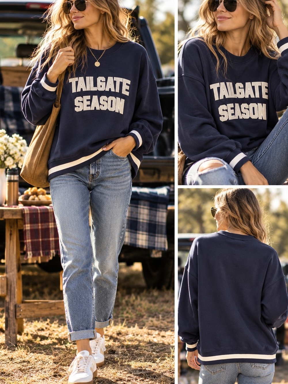 Beach Riot Navy Crewneck Sweatshirt with 'Tailgate Season' Lettering NWOT, M